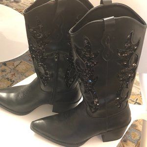 Black Sequin Cowboy Boots- Vegan Leather